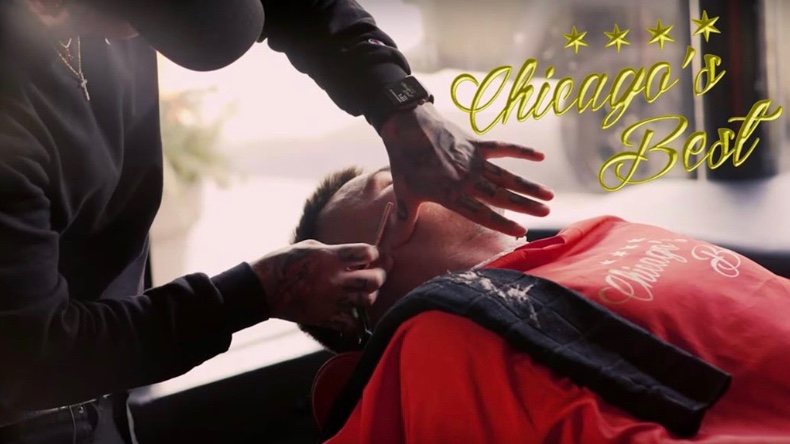 Straight-razor work with a red Chicago's Best cape